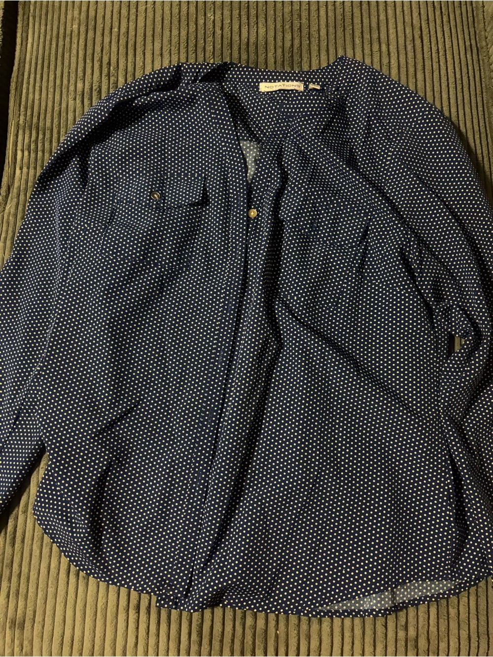 Notations Navy White Polka Dot Button Front Blouse